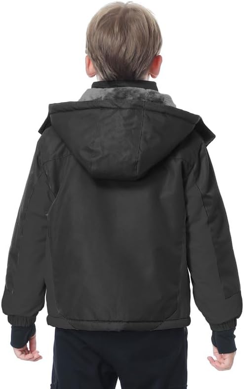 Boy's Waterproof Ski Jacket Warm Fleece Winter Snow Coat Windproof Snowboarding Jacket with Detachable Hood