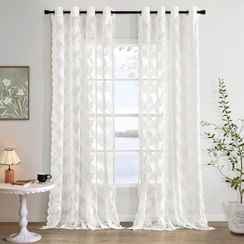 MIULEE Set de 2 Rideaux en Dentelle à Œillets - Ajouré Avec Motif de Feuilles Style Vintage Pour Salon et Chambre - Décoratifs, 2X H245 x L150 cm, Blanc