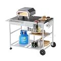 Vongrasig Pizza Oven Cart with Topping Station, Outdoor Grill Table Kitchen Island with Storage for Ninja Woodfire Blackstone Griddle Cuisinart etc Grill, Silver