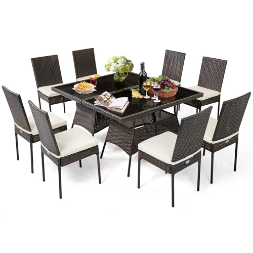 Tangkula 10 Pieces Wicker Patio Dining Set, Outdoor Rattan Table & Chairs Set with Padded Cushions, Patio Furniture Dining Glass Table Set for Balcony Patio Garden Poolside