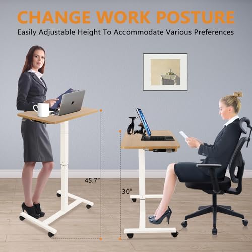 Image of CLATINA Mobile Laptop Standing Desk Adjustable Height, Computer Desk Teacher Podium with Lockable Wheels, Work Table with Drawer, Portable Rolling Side Table Bed Desks for Home Office Classroom, White