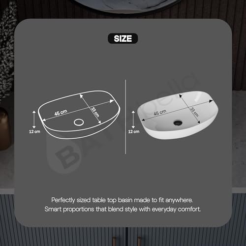 Image of Table Top Ceramic Wash Basin For Bathroom | Rectangular Counter Top Bathroom Sink, Premium Glossy White Above Counter Vanity Basin, Modern Design (18 x 13 x 5.5 Inch)