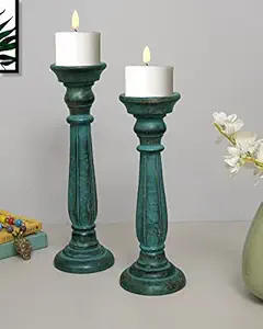 Homesake Wooden Pillar Candle Stand, Hand Crafted Wood Candle Holders for Living Room, Table Centerpiece, Hallway Decor Polish, Turquoise (Set of 2)