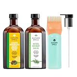 Nature Spell Hair Growth Duo with Rosemary & Jamaican Black Castor Oils, Pre-Diluted Oil Set to Stimulate Growth & Strengthen Dry Strands, with Applicator & Pump, For All Hair Types, Vegan