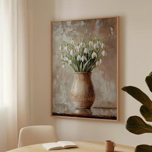 Rustic Snowdrop Flower Vase Canvas - Elegant Floral Wall Art,
