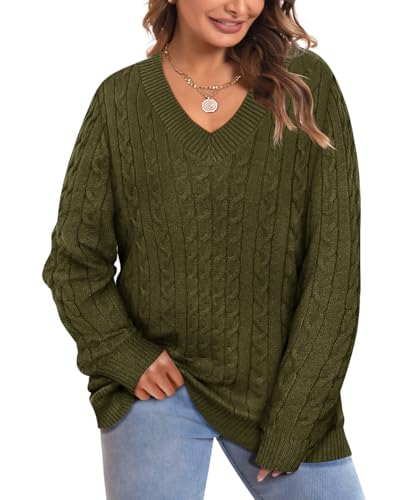 Image of CARCOS Plus Size Sweaters for Curvy Women Long Sleeve Cable V Neck Sweater Knit Pullover Preppy Style Fall Winter XL-5XL