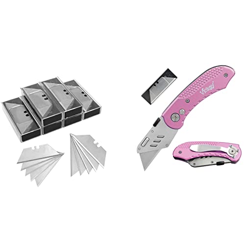 Purple Folding Utility Knife Heavy Duty Box Cutter With 5 Sk5 Quick Change Blades + 60 Pack Utility Knife Blades, Sk5 Steel Heavy Duty Box Cutter Replacement Blades With Plastic Case #TOP16