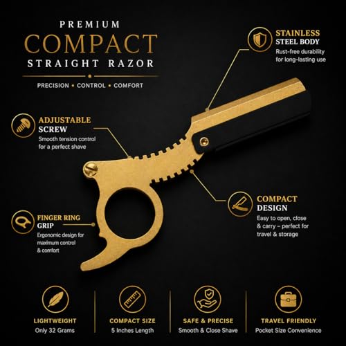 Image of Straight Compact Barber Razor for Men, Stainless Steel | Rust-Free Shaving | Travel Razor with Finger Ring Grip & Adjustable Screw | Free Blade Inside