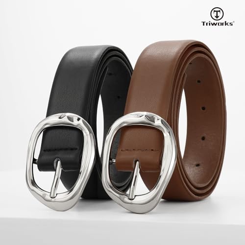 Image of TRIWORKS 2 Pack Leather Belts for Women Fashion Waist Belt with Liquid Shapes Women Belt for Jeans Pants Dresses