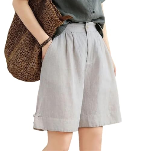 Pantalon court coton femme jambes larges taille haute longueur genou