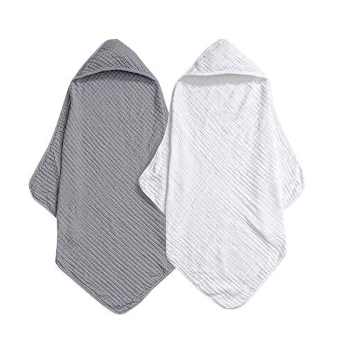 Image of david's kids 2 Pack Hooded Baby Towels, 100% Muslin Cotton 6-Layer Ultra Soft Breathable Absorbent Baby Bath Towels for Infant and Toddler, Newborn Essentials, Large 32x32Inch, White & Grey