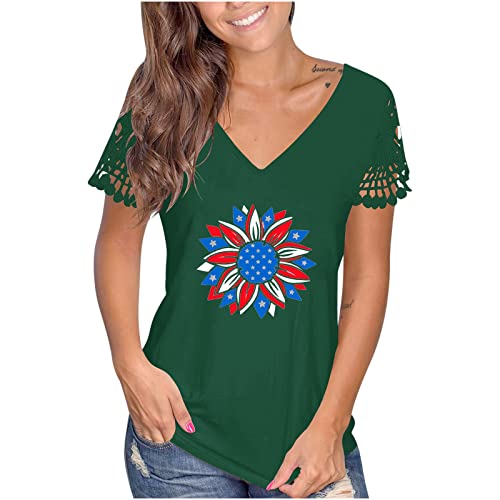 Womens Independence Day T Shirt V Neck Lace Short Sleeve Tops Colored Stars Floral Tunic Blouse Summer Graphic Tees