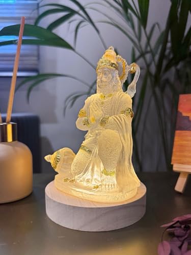 Image of SrI Krishna CULTURE- Hanuman Ji Idol Bending Pose On Wooden LED Base-USB Corded-Warm White-Hanuman Statue-Diwali Special-Height-6.5 Inches