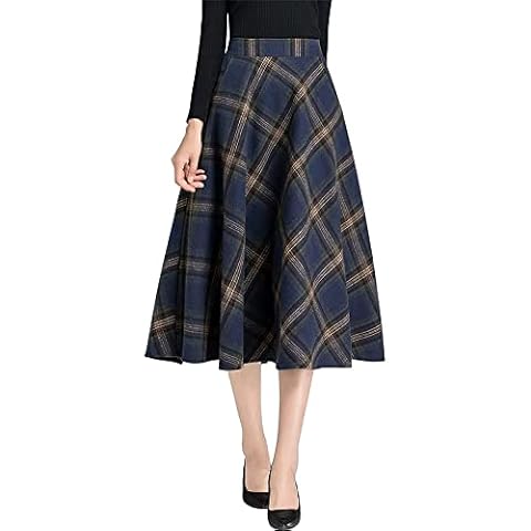 Ylingjun Long Plaid Wool Skirt for Womens Winter Fall High Elastic Waist A Line Flared Pleated Wool Skirts (Navy/Mid-Calf, L) Cover