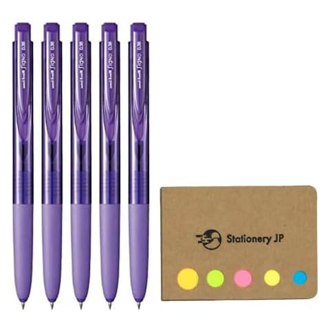 Signo RT1 Retractable Gel Ink Pen, Micro Point 0.38mm, Rubber Grip, Violet Ink, 5-Pack, Sticky notes Value Set Cover