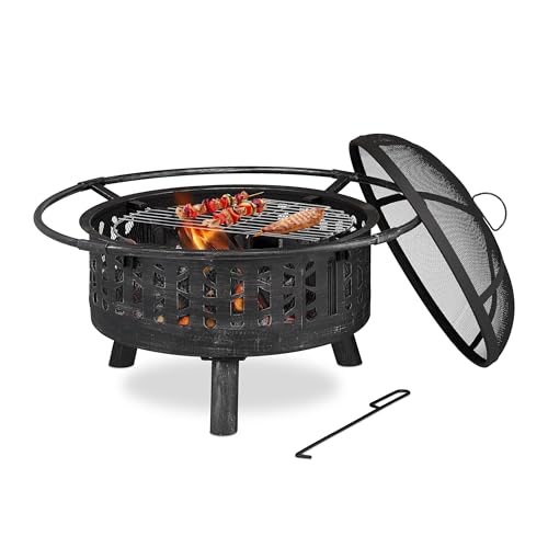 Relaxdays Feuerschale mit Grillrost & Funkenschutz, Schürhaken, Kohlerost, Ø 75 cm, Feuerstelle Garten, schwarz/Silber