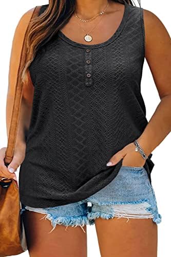 Womens Plus Size Tank Tops Summer Eyelet Sleeveless Henley T-Shirts Tops Casual Button Down Tunics Shirts