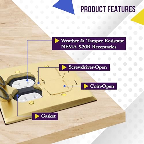 ENERLITES-705549-C Enerlites Floor Box Kit, 2 Gang 20A Tamper / Weather Resistant Duplex Receptacles, UL Listed - Brass