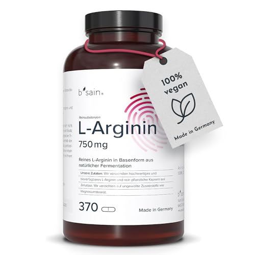 L-Arginin Kapseln 3000mg reines L-Arginin in Basenform aus pflanzlicher Fermentation pro Tagesdosis (4 Kapseln). Frei von Gluten, Laktose und Soja - 370 vegane Kapseln - b'sain