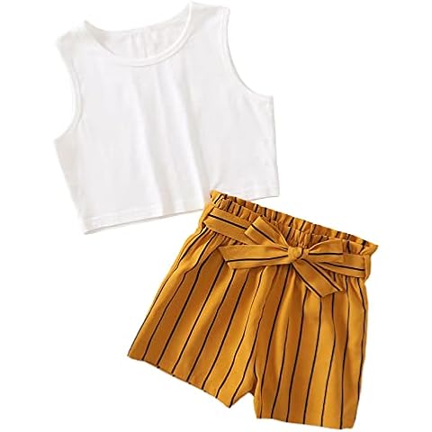 dPois Conjuntos de Verano para Niñas Top Camiseta de Tirantes y Pantalones Cortos Shorts a Rayas Chicas Ropa de Dos Piezas de Moda Conjuntos Casuales Verano Amarillo 10-11 años Cover