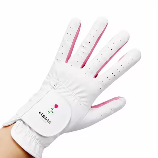 Birdie & Bloom Women's Golf Glove | Left Hand | UK Medium | Premium Soft Leather | Breathable Pink Trim | Floral Wrist Logo | Ladies Golf Gift | Designed in the UK