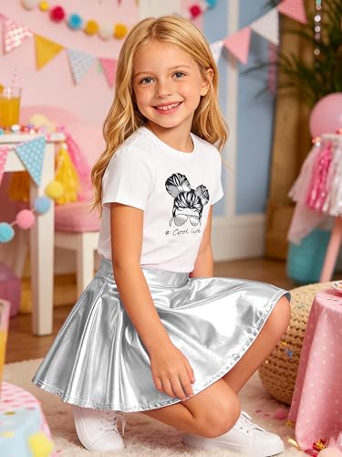 Image of Betusline Girls 2 Piece Outfits Short Sleeve Crop Top and Metallic Skater Skirt Set for Kids Dance Party Tennis, 4-14Y