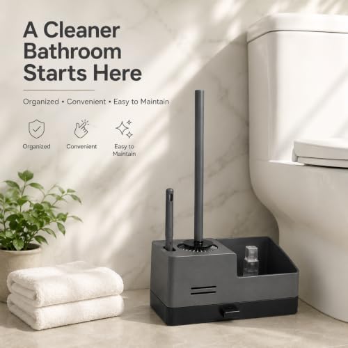 Image of Vasukie Silicone Toilet Brush and Holder Set with Caddy Organizer, 2-in-1 Bathroom Cleaning Set with Detail Brush, Drip Tray & Soap Dispenser Holder for Small Bathrooms & Apartments (Grey)