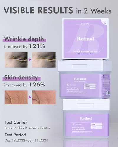 Image of DERMAL Retinol Bakuchiol Peptide Toner Pads 120ct, Stretch Cotton | 120 stretchable pads with retinol, bakuchiol, copper & palmitoyl peptides for smoother, firmer-looking skin; with tongs