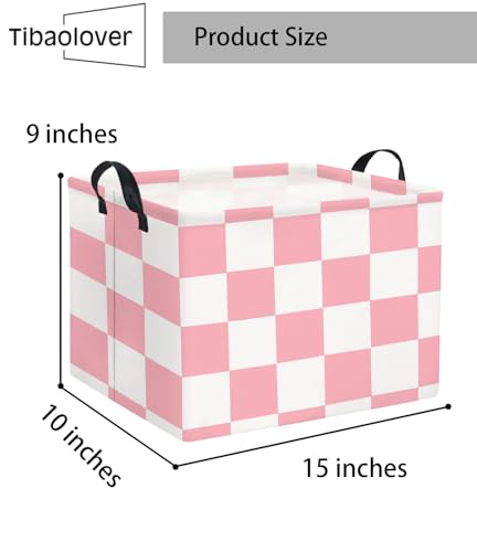 Image of Rectangular Storage Basket for Home Kitchen Girls Cute Storage Bin Organizer Shelf Book Room Decor(Pink Checked)