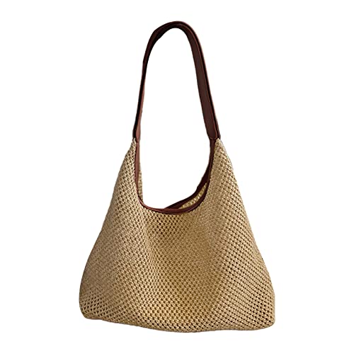 WUURAA Sac fourre-tout en paille tissée pour femme - Sac de vacances mignon - Grande capacité - Sac à bandoulière d'été - Sac à main bohème - Bord de mer, marron