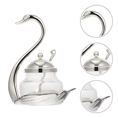 Hemoton Silver Glass Spice Jar With Lid And Spoon Swan Pattern Condiment Pots Seasoning Box Sugar Bowl Sugar Spice Pepper Containers For Restaurant Kitchen #TOP2