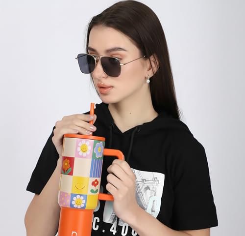 Image of House of Quirk 1200ML Stainless Steel Tumbler with Handle & Lid, 2 Straws - Large Travel Mug Water Cup for Gym, Office & Outdoor Use (Sunpop)