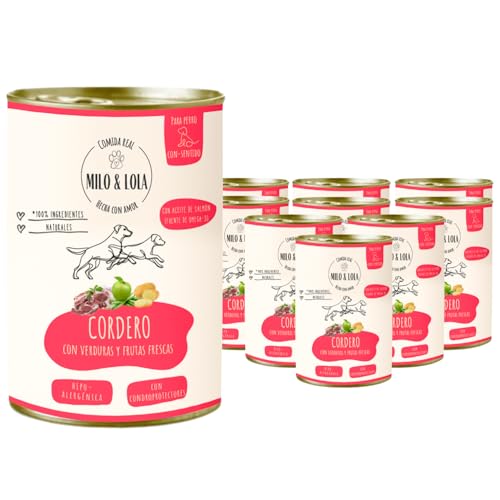 Milo y Lola Pack 12 Latas - Comida Húmeda Perros Cordero 380g - Nutrición Completa con Aceite de Salmón, Omega-3 y Condroprotectores. Latas de Comida Húmeda Perros Cachorro, Adulto y Senior