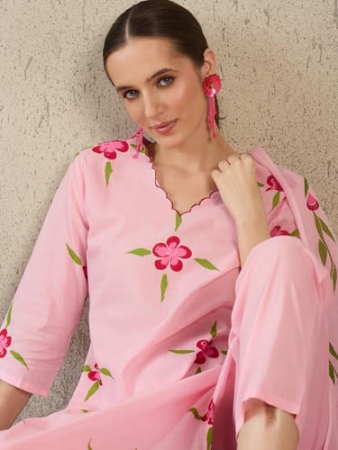 Image of INDO ERA Women's Pure Cotton Floral Printed Thread Work Kurta & Pant with Dupatta Set | Cotton Kurta Set For Woman