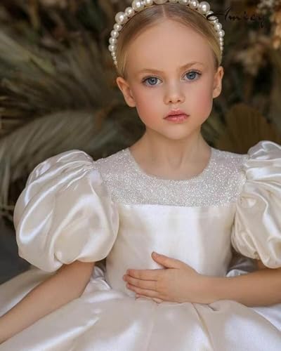 Satin Pageant Dresses for Girls Puffy Tulle Flower Girl Dress for Wedding Long Toddler Princess Gowns with Bow TJ172