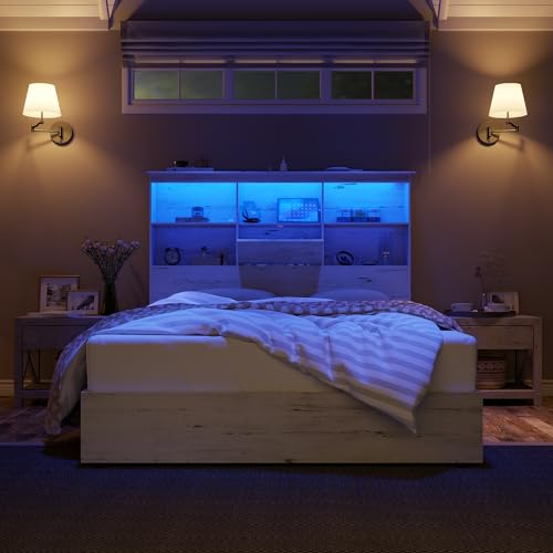 Amerlife WBF-003 Full Size Bed Frame Wooden Platform Bed With 51.2 Inch Led Storage Bookcase Headboard, 4 Storage Drawers & Charging Station/No Box Spring Needed/Noise Free/Distressed White thumb #2