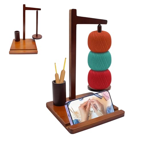 PinDaito Supporto in Legno per Fili, Porta-Gomitolo con Supporto per Telefono, Supporto Magnetico Multifunzionale per Lana, Raccoglitore per Fili da Uncinetto e Lavoro a Maglia