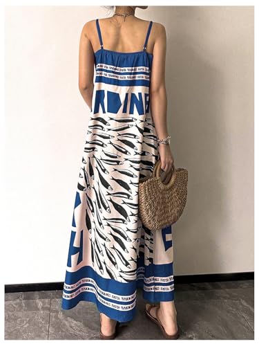 Image of SOLY HUX Women's Sundress Graphic Print Color Block Spaghetti Strap Flowy Summer Long Cami Dress