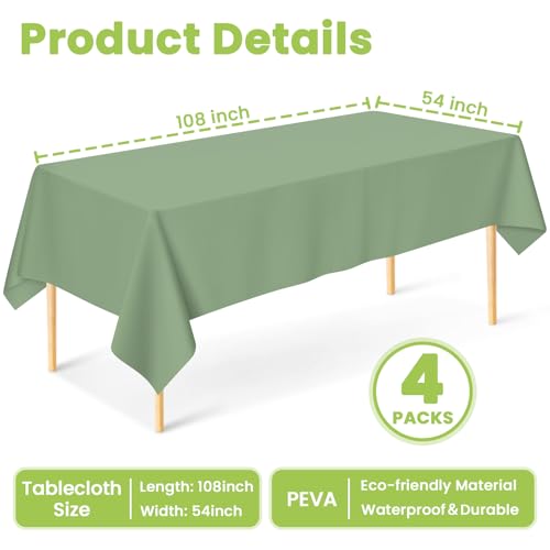 Image of Mulbozy 4 Pcs Sage Green Plastic Table Cloth Disposable, 54 x108 Inch