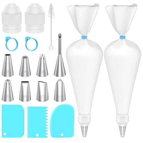 Frapkom Piping Bags and Tips Set 16 Inch Cotton Reusable 2 Piping Bags 7 Piping Tips 2 Couplers 1 Puff Tip 1 Brushes 3 Scrapers. Icing Bags and Tips Set for Cakes/Cupcakes Decorating.