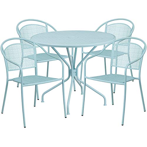 Flash Furniture Commercial Grade 35.25" Round Gold Indoor-Outdoor Steel Patio Table Set With 4 Round Back Chairs #TOP6
