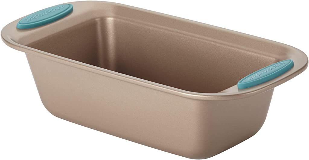 Rachael Ray 46680 9" x 5" Agave Blue Handle Grips Cucina Nonstick Bakeware Bread Meat Loaf Pan, Medium, Latte Brown