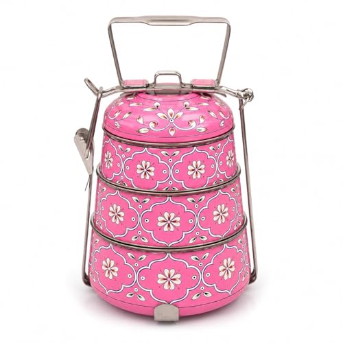 Image of iHandikart Handpainted Decorative Lunch Box Tiffin | Multiple Tier Stainless Steel Food Box | Designer Indian Print Tiffin for School | Diwali Gift, Navratri Gift (Color - Multicolor)