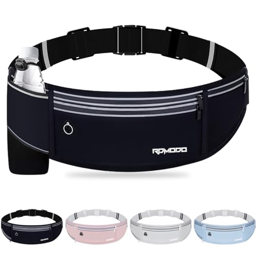 RDMODO Slim Running Belt with Water Bottle Holder, Water Resistant Fanny Packs for Women Men，4 Pockets Running Phone Holder for Walking Cycling, Adjustable Waist Bag for iPhone 17 16 15 Samsung（Black）