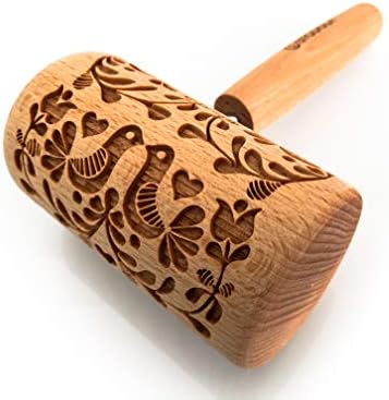 Engraved Mini Rolling Pin with Pattern for Embossed Cookies Folk Doves