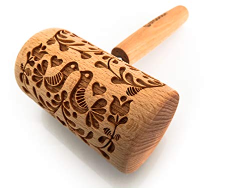 Engraved Mini Rolling Pin With Pattern For Embossed Cookies Folk Doves #TOP2