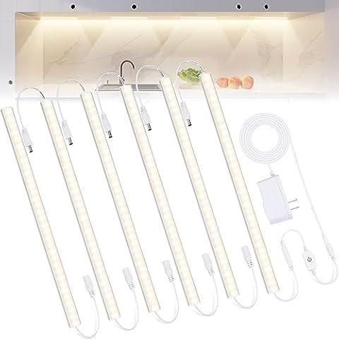 6PCS x 12 inch Under Cabinet LED Lights 4500K, Dimmable Under Counter Lights for Kitchen, Led Under Cabinet Lighting, Plug-in Under Cabinet Lights with Memory Function, Daylight White Cover