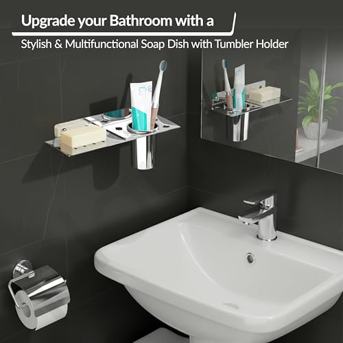 Image of Plantex Stainless Steel 2in1 Soap Dish with Tumbler Holder /Soap Stand /Tooth Brush Holder /Bathroom Accessories - Wall Mount (Chrome)