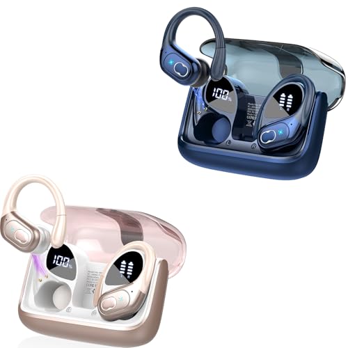 Aptkdoe 2 Sets Wireless Earbuds Sport, Bluetooth 5.4 Over Ear Buds Stereo Deep Bass Over Ear Bud with Earhooks, 75H Wireless Earphones with Mic, IPX7 Waterproof Earphone for Sports Blue+Rose Gold - image 1