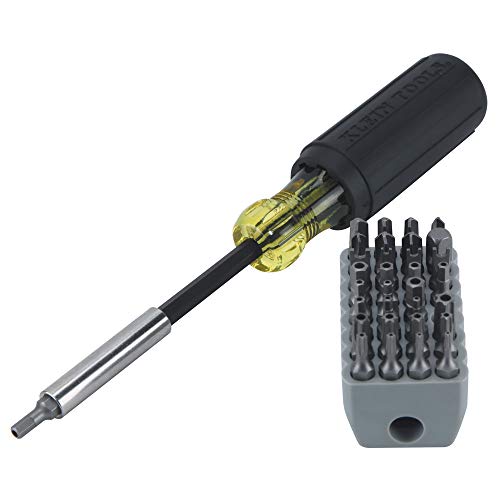 Klein Tools 32510 Magnetic Multibit Screwdriver with Sturdy Torx, Hex, Spanner, Tri-Wing, Torq and Nut Tamperproof Bits and Storage Block, Small, Gray